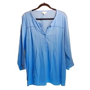 J. JILL Tunic Blouse 100% Crinkle Cotton 3/4 Sleeve Robin's Egg Blue Large Tall